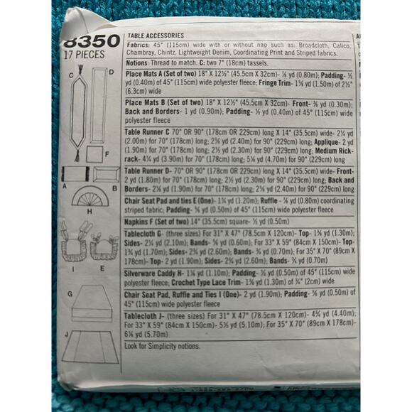 Simplicity 8350 home Sewing pattern table cloth place mats table runner - Picture 3 of 4